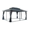 10' x 13' Hardtop Wood Gazebo for Patios, Outdoor Framed Gazebo with Polycarbonate Double Roof Canopy, Solid Wooden Framed Gazebo with Privacy Curtain