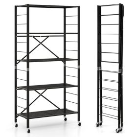 5-Tier Adjustable Shelves with Wheels for Garage Kitchen Balcony (Color: Black)